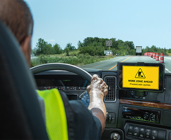 Drivewyze in-cab Electronic Logging Device-based safety alerts for active work zones.