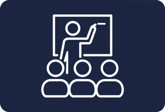A blue and white icon of a person teaching a class in front of students