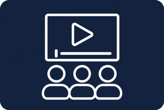 A blue and white icon of people watching one large screen